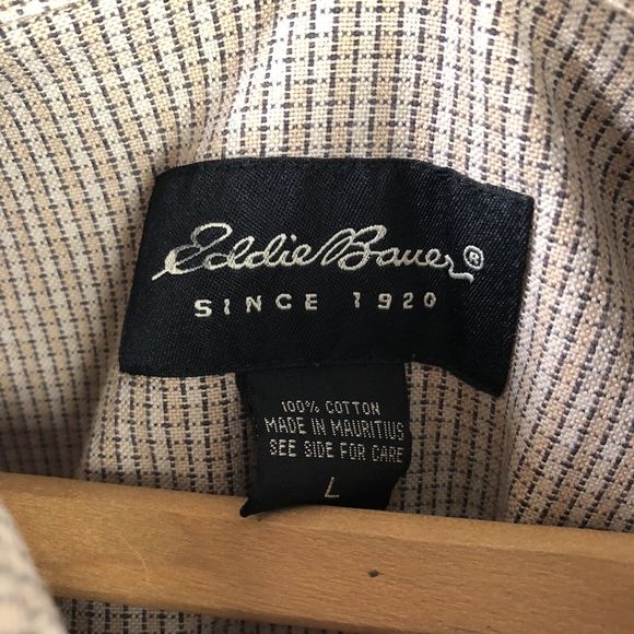 Eddie Bauer Button Down Shirt Mens L Tan Checkered Long Sleeve Pocket Outdoor - Picture 14 of 16